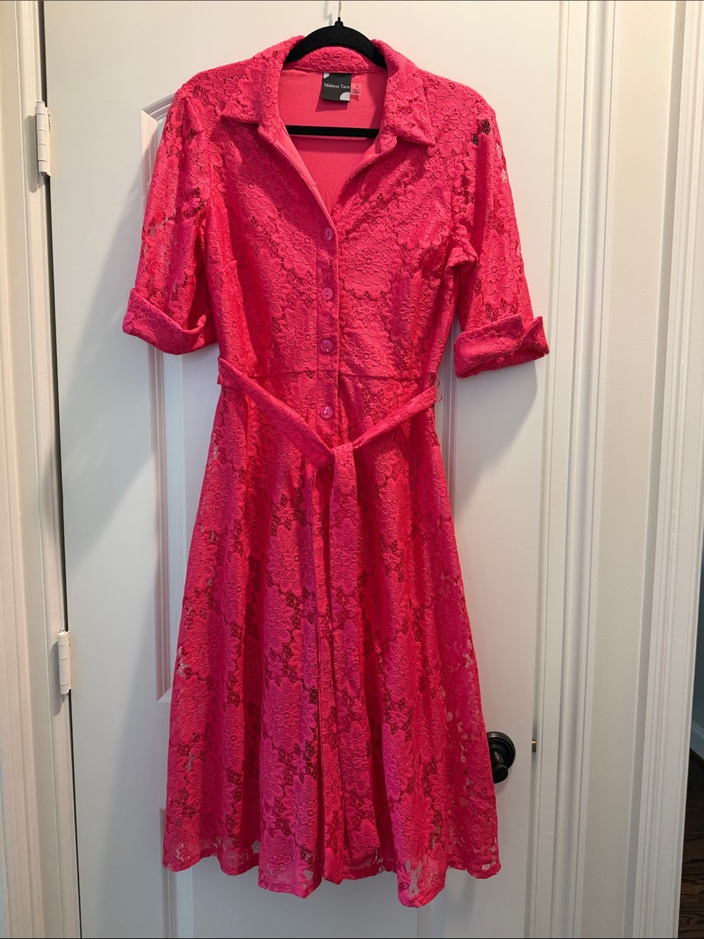 Maison Tara Bright Pink Lace Midi Shirt Dress with Self-Tie Belt